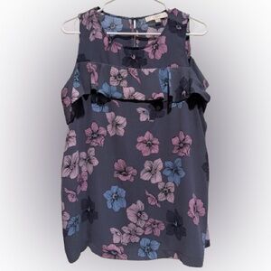 LOFT Floral Ruffle Blouse - Charcoal with Pink and Blue Flowers L